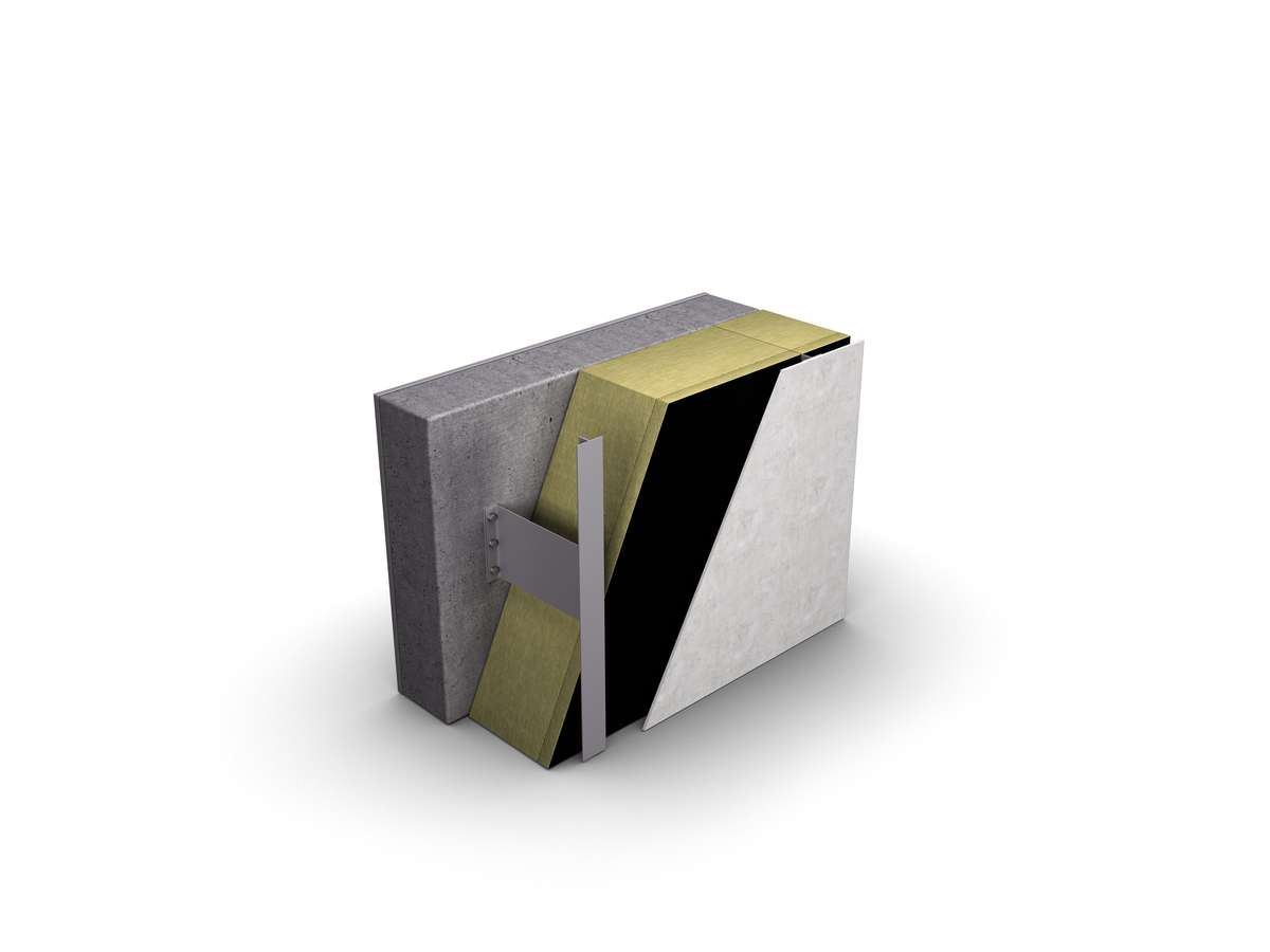 Laikančioji siena (mūras, g-b plokštė), gembė-kronšteinas, šilumos izoliacija iš universalių plokščių (PAROC Ultra) ir apsauga nuo vėjo (PAROC Cortex b), vertikalus profilis fasado apdailos tvirtinimui, vėdinamas oro tarpas, fasado apdailos plokštė / „Paroc“ nuotr.