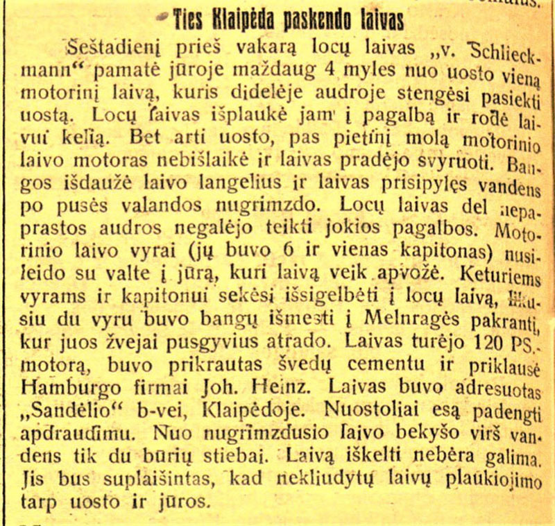 NESUREIKŠMINO. Kukli trumpa žinutė apie motorlaivio „Grisslan“ katastrofą 1924 m. gegužės 20 d. „Klaipėdos žinių“ numeryje. Deniso NIKITENKOS archyvo nuotr.