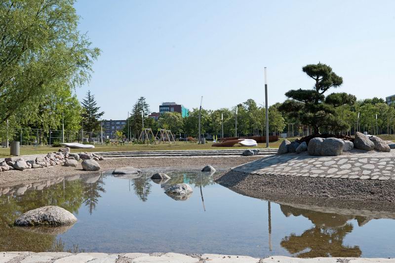 AKCENTAS. Pagrindinis parko akcentas - japoniško stiliaus tvenkinys su akmenimis ir tilteliais į salą, kurioje pasodintas akcentinis medis - bonsai stiliumi suformuota pušis. Vitos JUREVIČIENĖS nuotr.