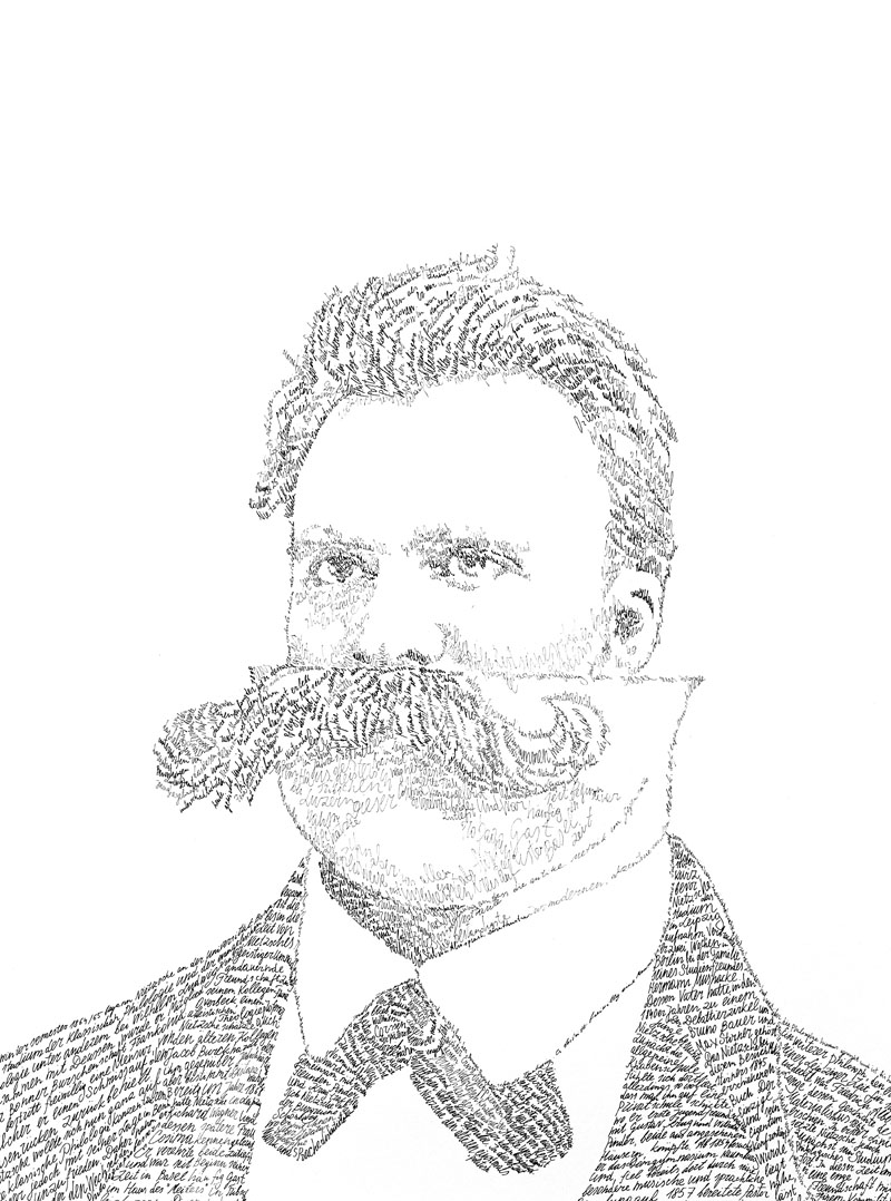  „Frydrichas Nyčė“ - filosofo portretas, sukurtas rašant vokiečių kalba jo paties biografiją. Kodėl jis čia? Todėl, kad jis buvo filosofas, psichologas, psichoterapeutas, kėlęs egzistencinius klausimus", - teigė dailininkas. 