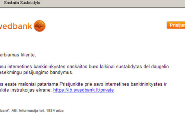 Sukčiai bando apgauti "Swedbank" klientus