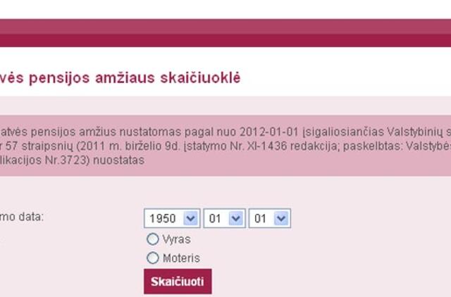 Sodros puslapyje paskelbta senatvės pensijos amžiaus skaičiuoklė