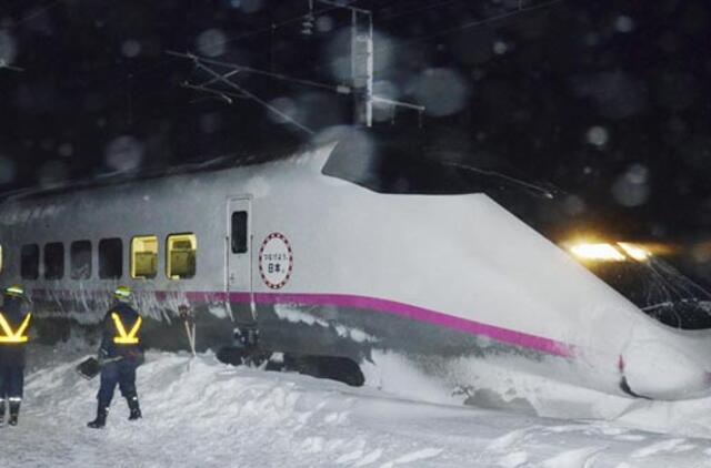 Japonijoje greitaeigis "traukinys kulka" nuvirto nuo bėgių į gausų sniegą