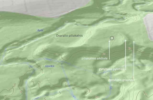 XXI AMŽIUS. Taip atrodo Dvaralio piliakalnis reljefiniame žemėlapyje. Vadinamieji piliakalnių medžiotojai pasitelkia į pagalbą naujausiomis technologijomis sukurtas programas. D. Nikitenkos schema pagal „Lietuvos reljefas, interaktyvi internetinė programėlė, © Hnit-Baltic 2022“.