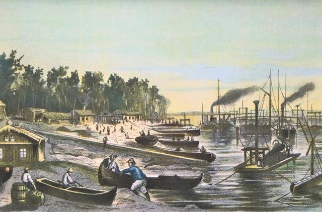 Taip dailininkas pavaizdavo Kalifornija pramintų XIX a. veikusių Baltijos aukso kasyklų Juodkrantėje darbo dieną. Deniso NIKITENKOS nuotr. iš Palangos gintaro muziejaus parodos „Gintaras iš gelmių“