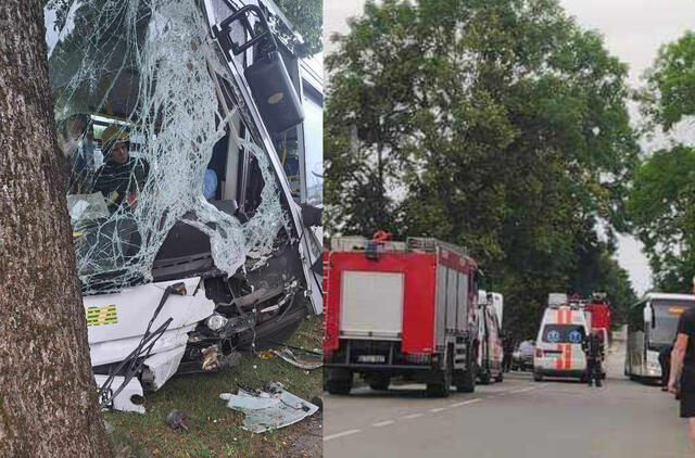 Prienuose nuo kelio nuvažiavo ir į medį atsitrenkė autobusas, sužaloti 10 žmonių