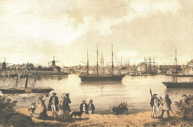 Po Didžiojo gaisro 1854 m. atsistačiusio Mėmelio miesto panorama 1862 m. išleistoje G. Waldhauerio litografijoje. Deniso NIKITENKOS kolekcija.