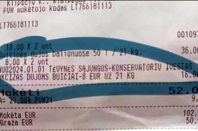 ČEKIS. Socialiniuose tinkluose plinta „Jozitos“ dujų pardavimo čekis. Ypač aktyviai čekio nuotrauka dalinasi Seime opozicijoje dirbantys politikai. „Facebook“ nuotr.